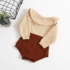 Ruffle collar long-sleeve knit romper for baby