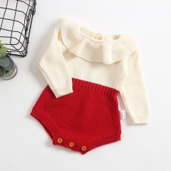 Ruffle collar long-sleeve knit romper for baby