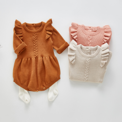 hot sale cotton butterfly sleeve design knitting sweater romper in 3 colors for baby 0-2 years in winter wholesale