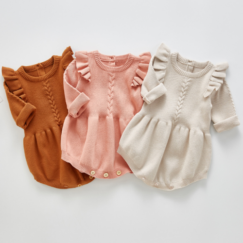hot sale cotton butterfly sleeve design knitting sweater romper in 3 colors for baby 0-2 years in winter wholesale