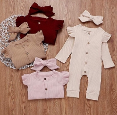 Newborn Baby Girls Spring Autumn Jumpsuit with headband Flying Long Sleeve Solid Infant Clothing Baby Girls Rompers Jumpsuit wholesale