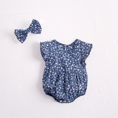 Newborn Baby Girl Kids 2pcs Set Flying Sleeve Floral Print One Piece Romper Jumpsuit and Headband Outfit Children Clothes Wholesale