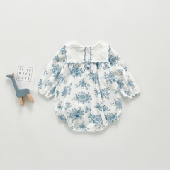 0-24M Flower Infant Newborn Baby Girl Romper Long Sleeve Jumpsuit Playsuit Navy Collar Floral Autumn Baby Girl Clothes Wholesale