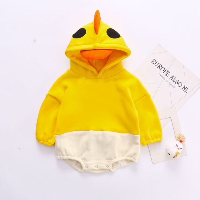 Infant Autumn Cotton Long Sleeve Jumpsuit Cute Baby Clothes Little Yellow Duck Triangle Hooded Romper Wholesale