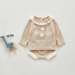 Autumn style baby lapel suit baby girl's lace european style knitted pullover top and short pants sets wholesale