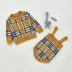 Baby Girls Sweaters Kids Autumn Sweater Children Plaid Cardigan with Romper sets wholesale
