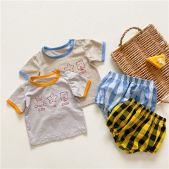 two pieces summer new arrival baby girls boys unisex clothes plaid sets wholesale