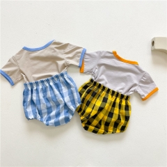 two pieces summer new arrival baby girls boys unisex clothes plaid sets wholesale