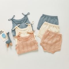 Summer 2021 baby girl hollowed-out knit halter woolen jacquard shorts and strapping vest set wholesale