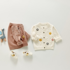 Korean ball flower children's sweater coat solid color knit cardigan wholesale