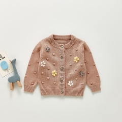 Korean ball flower children's sweater coat solid color knit cardigan wholesale