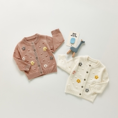 Korean ball flower children's sweater coat solid color knit cardigan wholesale