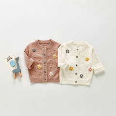 Korean ball flower children's sweater coat solid color knit cardigan wholesale