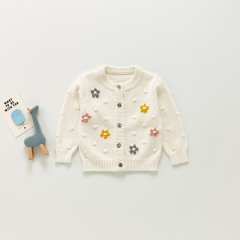 Korean ball flower children's sweater coat solid color knit cardigan wholesale