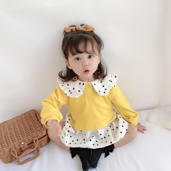 Ins baby girl autumn false 2 pieces dress solid yellow top+dot print wholesale