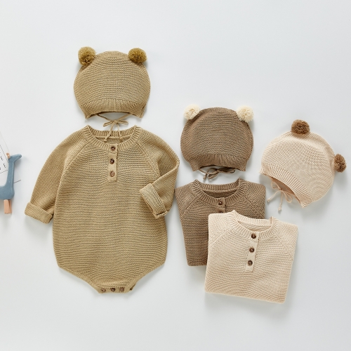 Baby Unisex Solid Knit Bodysuit With Hat Wholesale