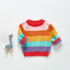 Baby Unisex Rainbow Striped Collared Cropped Knit Tee Wholesale