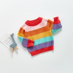 Baby Unisex Rainbow Striped Collared Cropped Knit Tee Wholesale