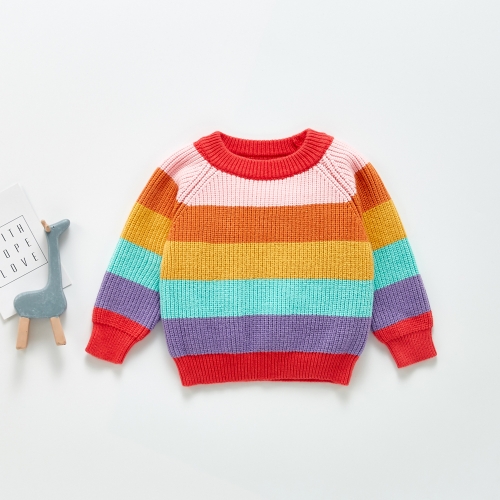 Baby Unisex Rainbow Striped Collared Cropped Knit Tee Wholesale