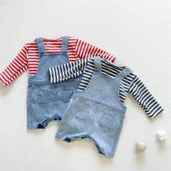 Hot Sale Baby Unisex Cowboy Jumpsuit Como Strips T-shirt Sets Wholesale