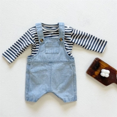 Hot Sale Baby Unisex Cowboy Jumpsuit Como Strips T-shirt Sets Wholesale