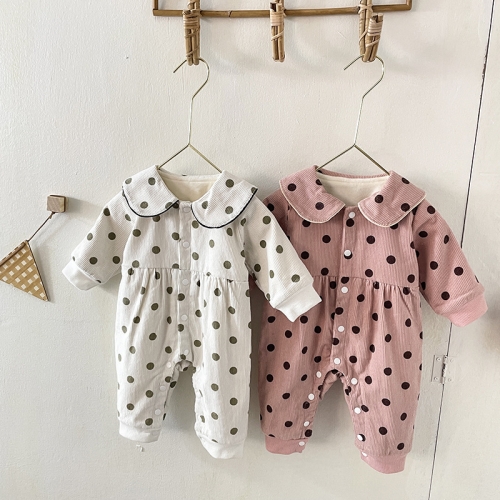 Baby Girl Winter Doll Collar Corduroy Velvet-in Dot Print Long Jumpsuit Wholesale