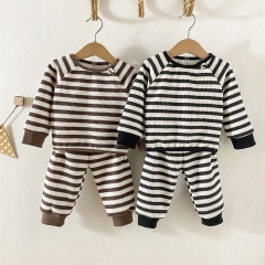 Baby Unisex Waffle Strips Top+ Pants Winter Sets Wholesale