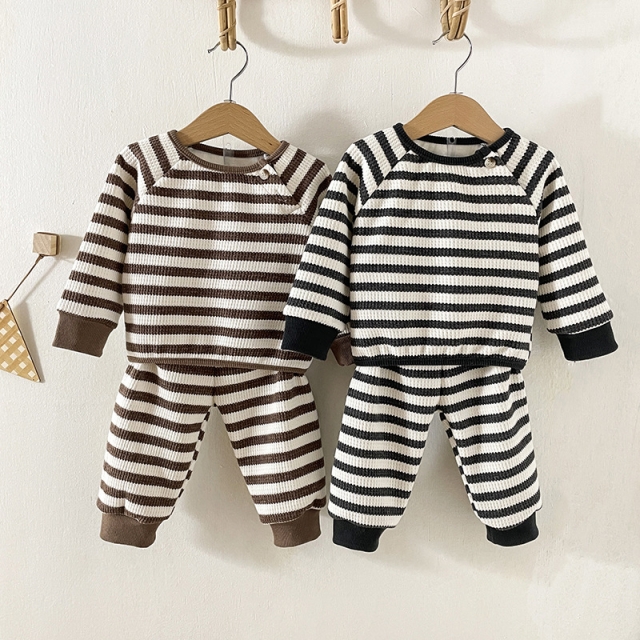 Baby Unisex Waffle Strips Top+ Pants Winter Sets Wholesale