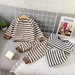 Baby Unisex Waffle Strips Top+ Pants Winter Sets Wholesale
