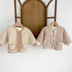 Baby Unisex Retro Stripes Contrast Color Velvet-in Winter Coat Wholesale