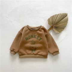 Baby Unisex Cartoon Monkey Print Velvet-in Round-collar Top Wholesale