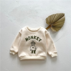 Baby Unisex Cartoon Monkey Print Velvet-in Round-collar Top Wholesale