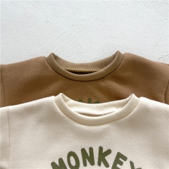 Baby Unisex Cartoon Monkey Print Velvet-in Round-collar Top Wholesale