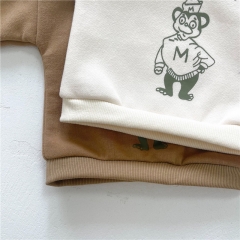 Baby Unisex Cartoon Monkey Print Velvet-in Round-collar Top Wholesale