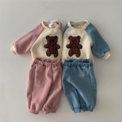 Infant Baby Unisex Bear Embroidery Round-collar Top Combo Pants In Sets Wholesale