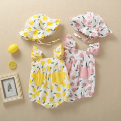 Baby Girl Fruit Print Sleeveless Romper With Hat Wholesale