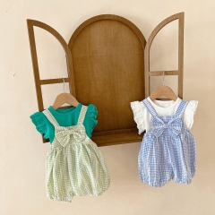 Baby Girl Solid Short-sleeve Combo Grid Overalls Wholesale