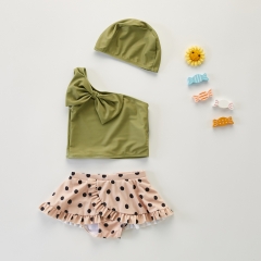 Baby Girl Solid Green Top Combo Dot Print Pants With Hat Swimming Sets Wholesale