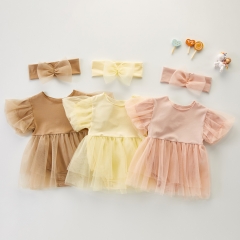 Baby Girl Solid Round Collar Mesh Party Dress Combo Headband Wholesale