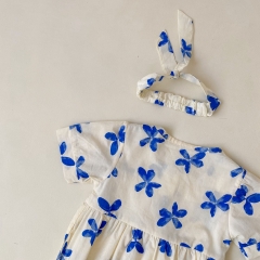 Baby Girl Blue Floral Print Short Sleeved Summer Outfit Onesies Wholesale
