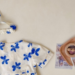 Baby Girl Blue Floral Print Short Sleeved Summer Outfit Onesies Wholesale