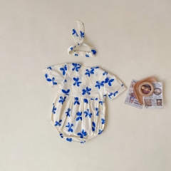 Baby Girl Blue Floral Print Short Sleeved Summer Outfit Onesies Wholesale