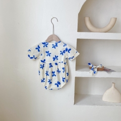 Baby Girl Blue Floral Print Short Sleeved Summer Outfit Onesies Wholesale