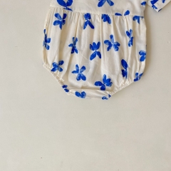 Baby Girl Blue Floral Print Short Sleeved Summer Outfit Onesies Wholesale