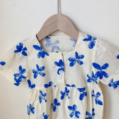 Baby Girl Blue Floral Print Short Sleeved Summer Outfit Onesies Wholesale