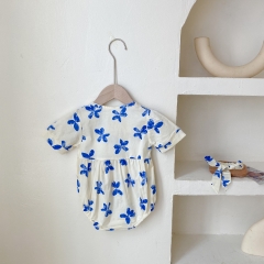Baby Girl Blue Floral Print Short Sleeved Summer Outfit Onesies Wholesale