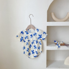 Baby Girl Blue Floral Print Short Sleeved Summer Outfit Onesies Wholesale