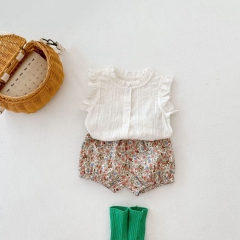 INS 2022 summer ins infant small fresh fly sleeve open button top + small broken flower shorts 2-piece set for female suit wholesale