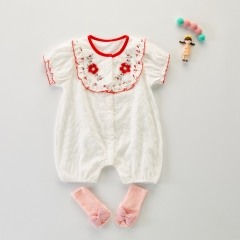 2022 Baby Girl Solid Combo Embroideried Short-sleeved Round Collar Romper Wholesale