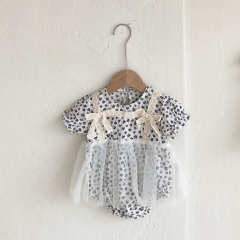 Baby Girl Floral Print Combo Mesh Design Round Collar Short-sleeved Romper Dress Wholesale